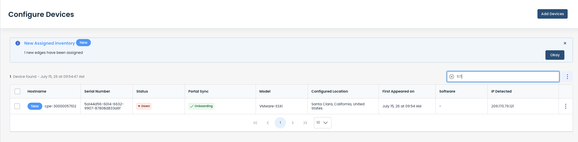 Device configuration table showing assigned inventory and device status details.